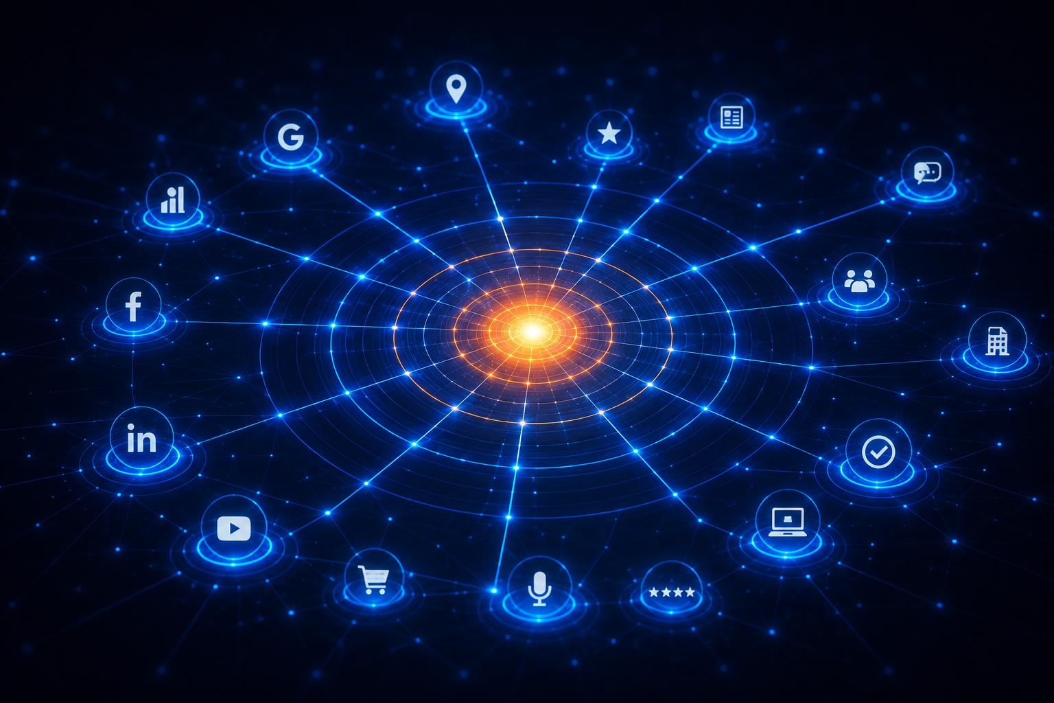 A single business entity radiating consistent signals to connected platforms and directories
