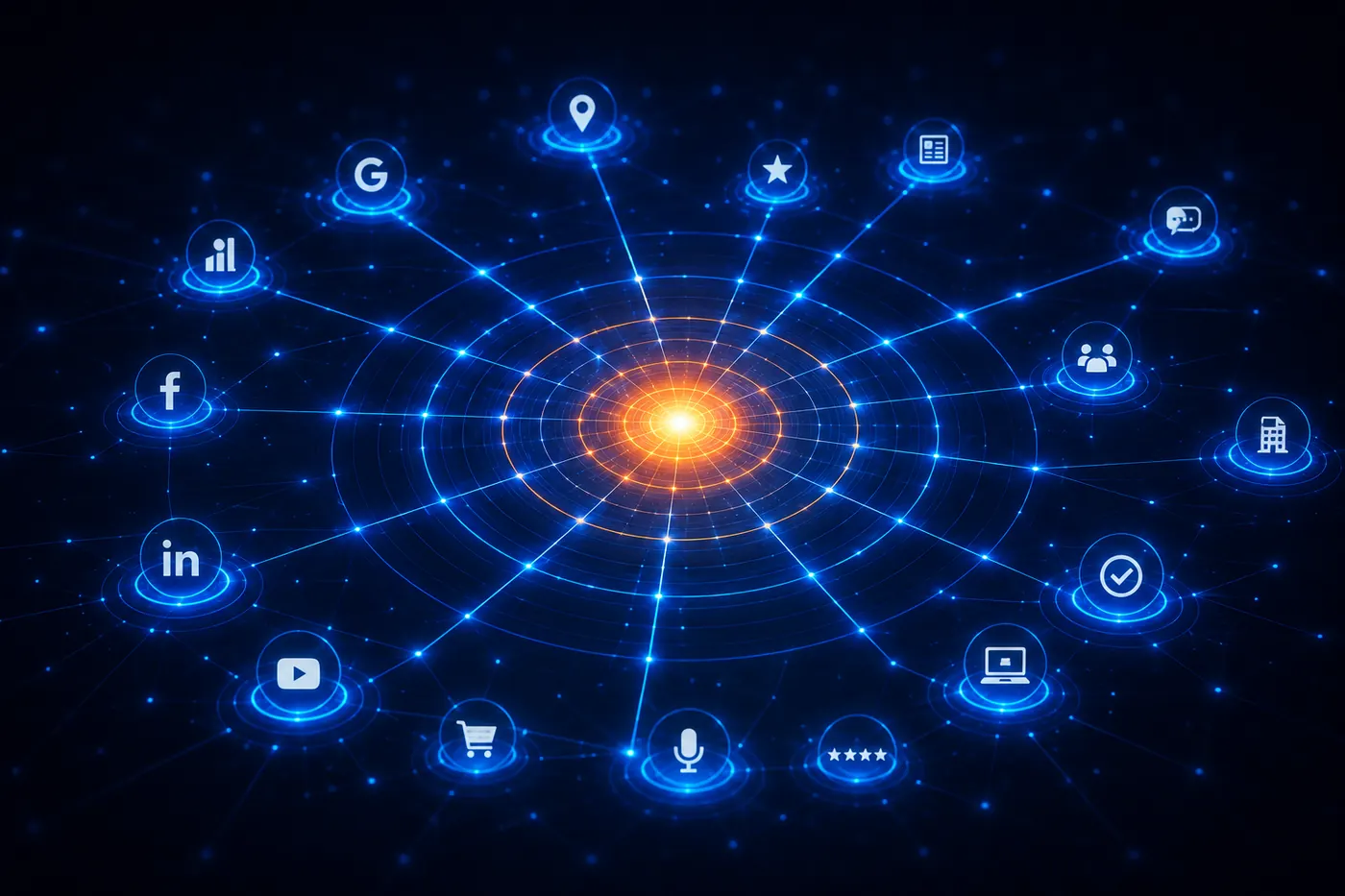 A single business entity radiating consistent signals to connected platforms and directories