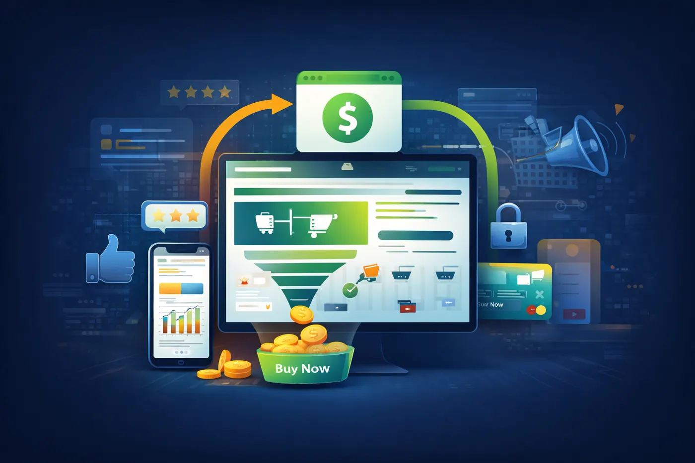 A conversion funnel showing where website visitors are lost between arrival and contact — speed, clarity, trust and form friction each removing a share of potential leads