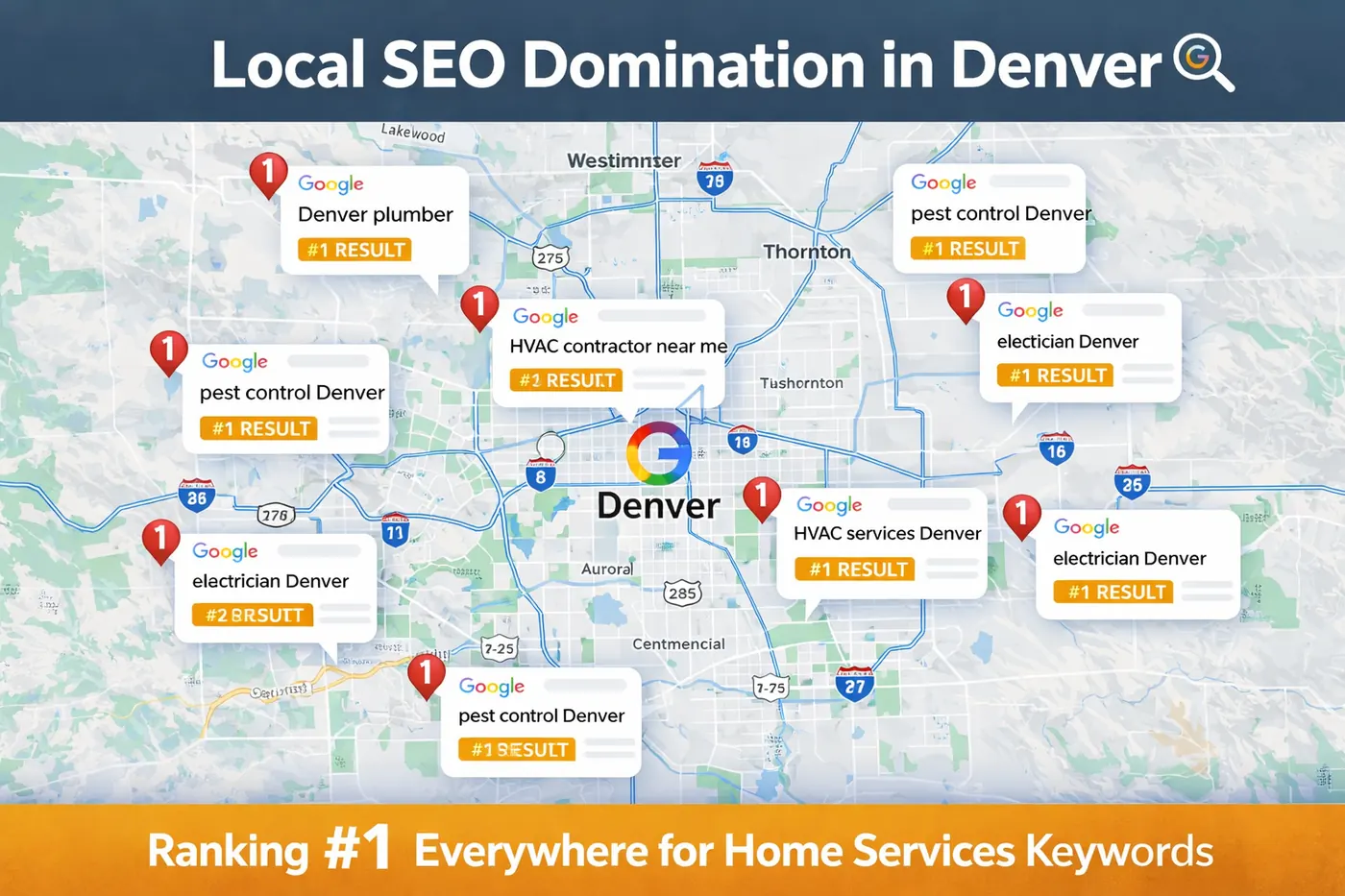 Denver local SEO map showing strong search visibility across surrounding service areas