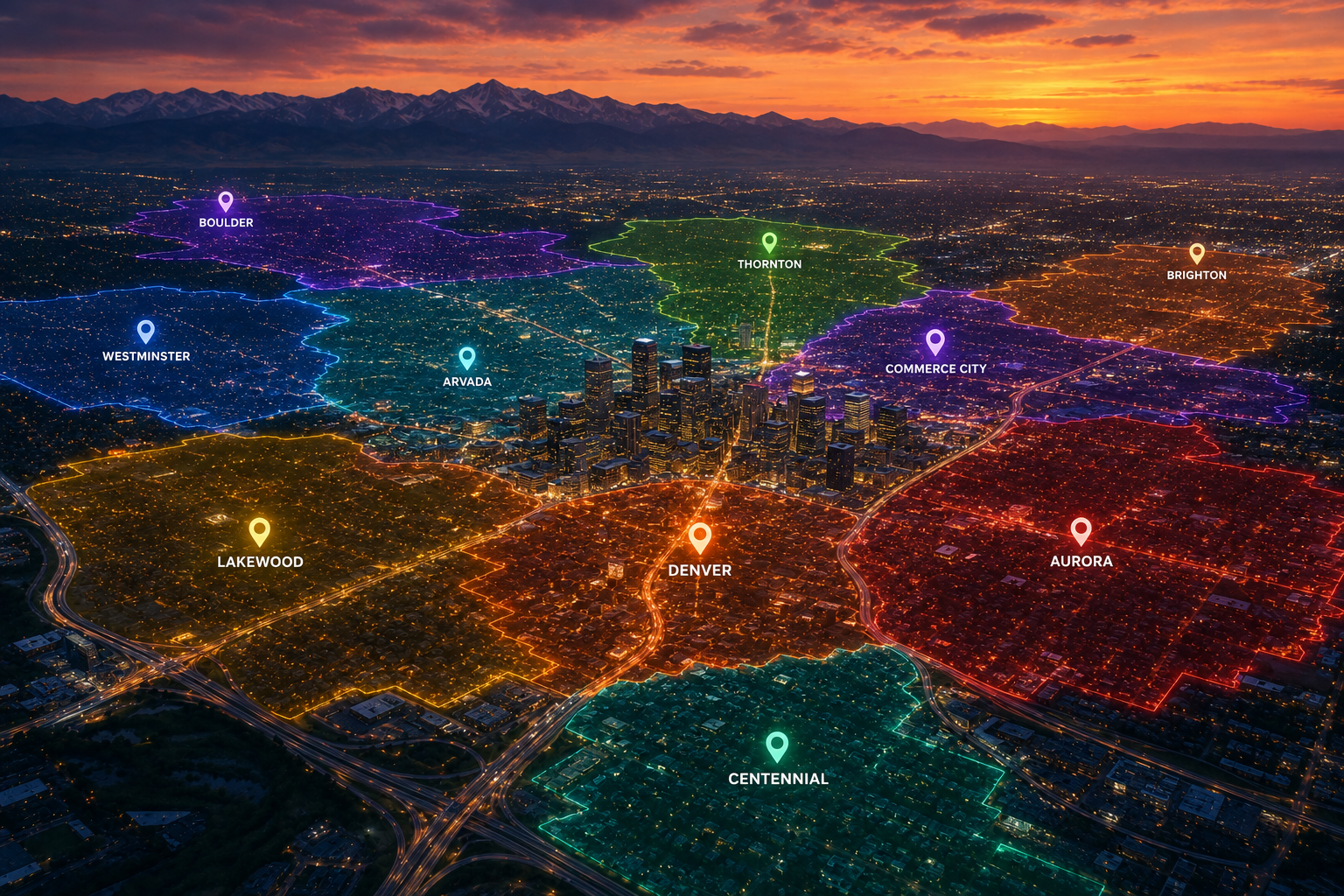 Aerial Denver metro at dusk with city boundaries highlighted at different intensities