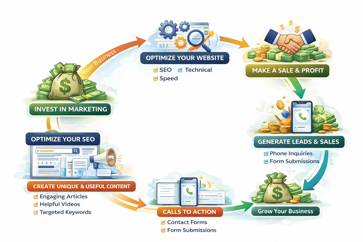 Local SEO process diagram showing the steps from Google Business Profile optimization to map pack rankings and inbound leads