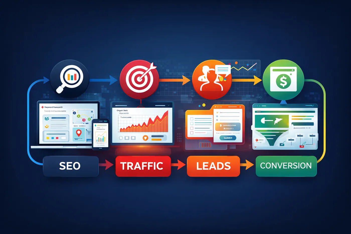 The five layers of an SEO system flowing into one another — technical foundation, content and topical authority, local and entity signals, authority and corroboration, and conversion and measurement