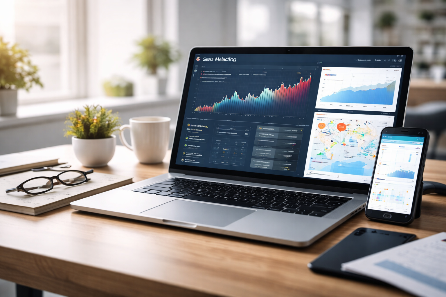SEO performance dashboard showing analytics, rankings, and marketing data across devices