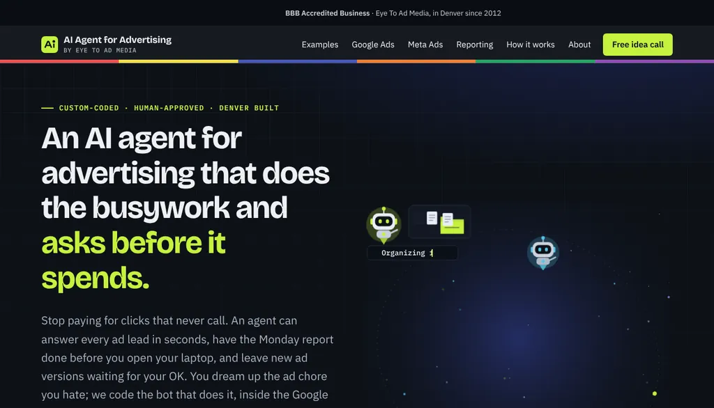 AI Agent for Advertising homepage: An AI agent for advertising that does the busywork and asks before it spends