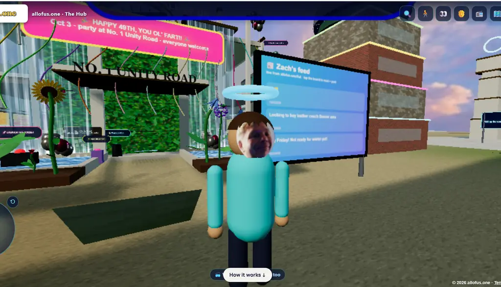 allofus.one 3D hub world with the live feed board