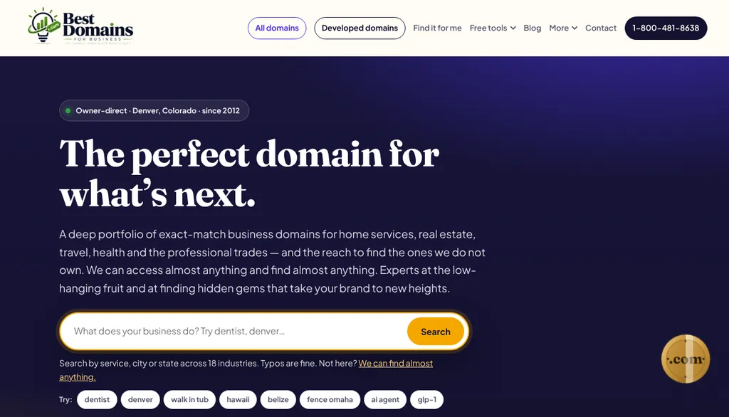 Best Domains for Business homepage: The perfect domain for what&rsquo;s next, with a domain search box