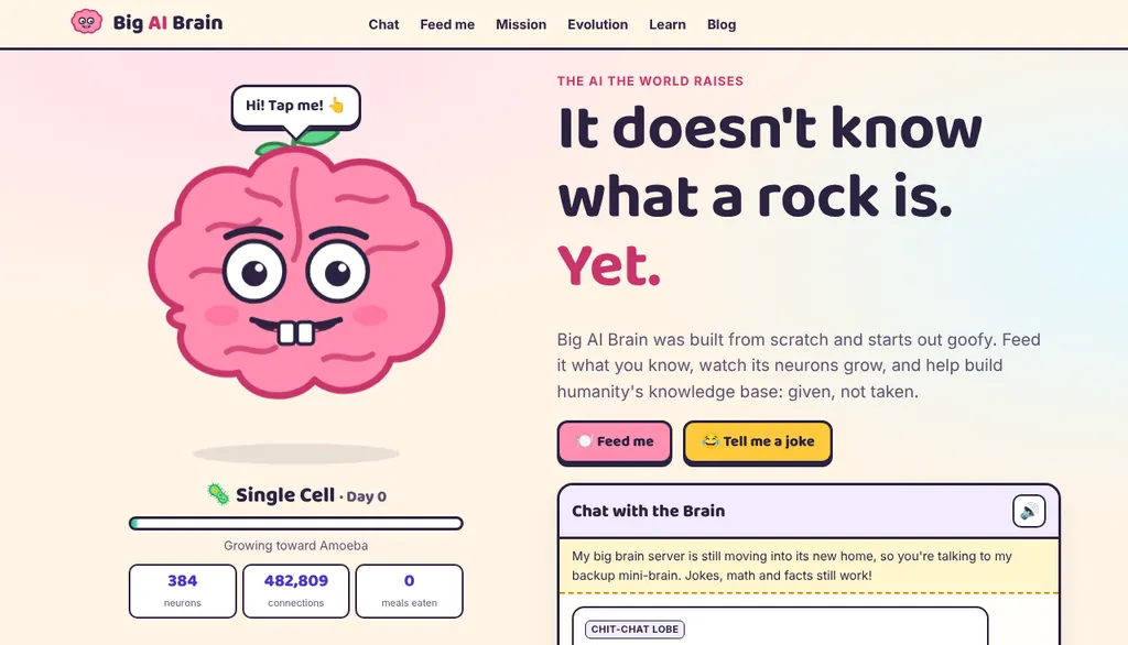 Big AI Brain homepage: a goofy pink cartoon brain with the headline It doesn&rsquo;t know what a rock is. Yet.