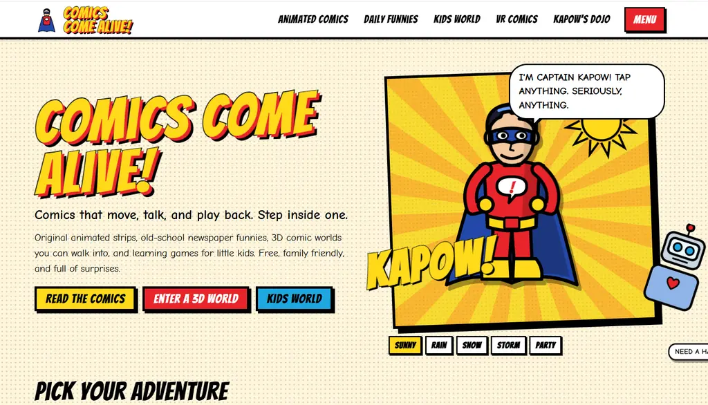 Comics Come Alive homepage with Captain Kapow