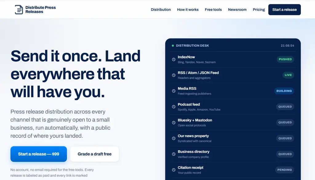 Distribute Press Releases homepage with the live distribution desk