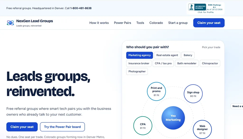 NexGen Lead Groups homepage: Leads groups, reinvented, with the Power Pair board showing which trades to pair with