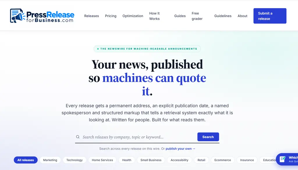 Press Release for Business newswire homepage