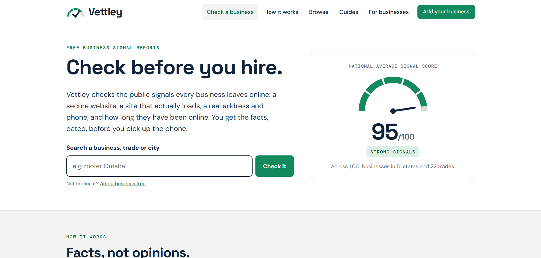 Vettley homepage: Check before you hire — free business signal reports